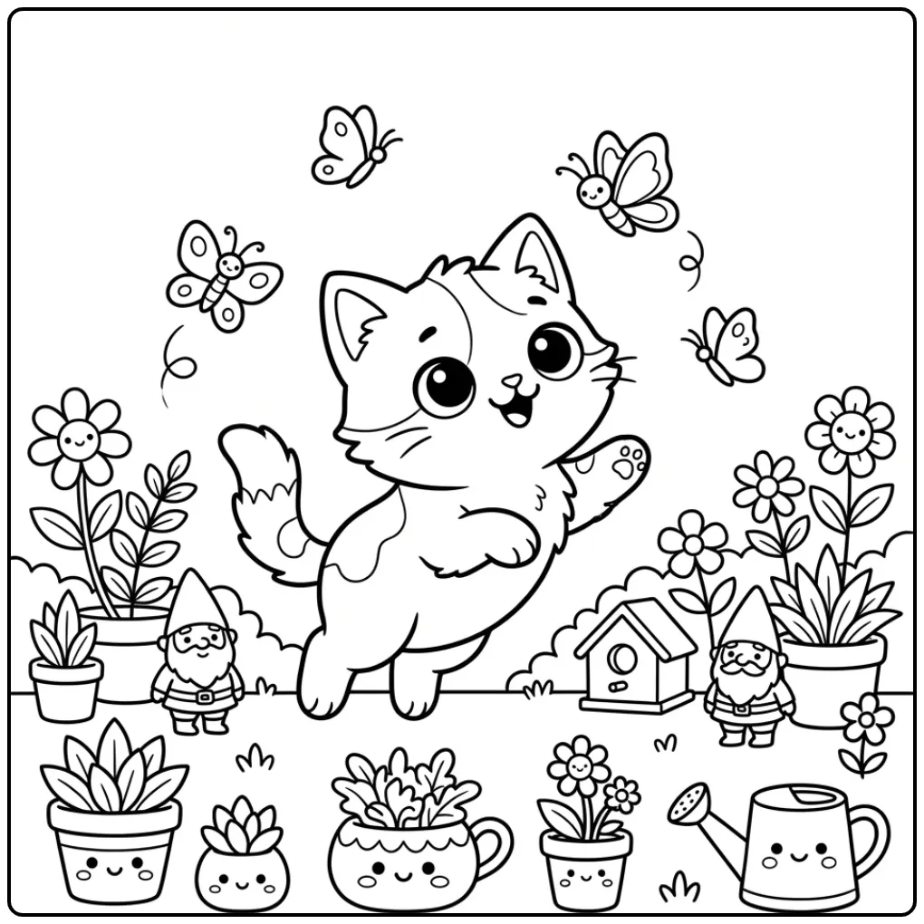 Playful Cute Kitten in the Garden coloring page