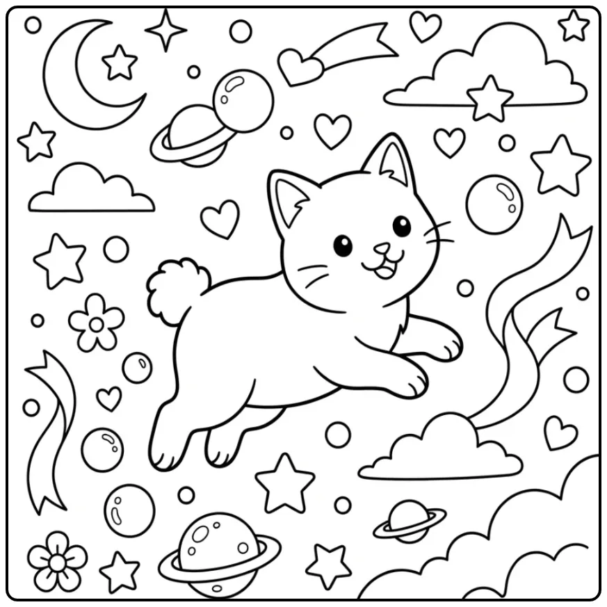 Playful Cute Kitten Among Stars and Clouds coloring page