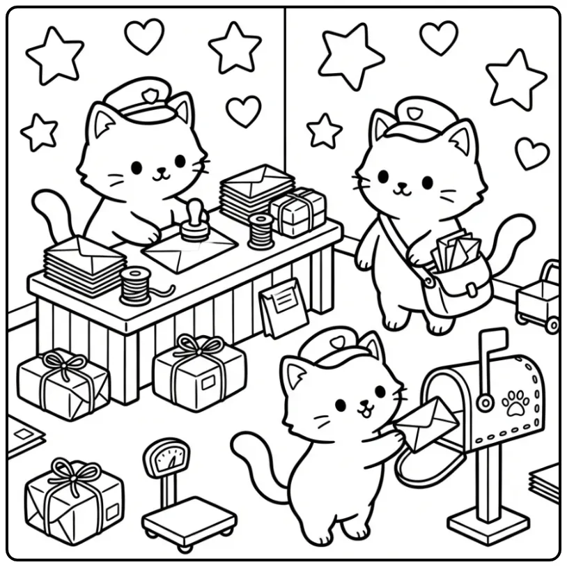 Playful Kittens as Mail Carriers in a Post Office coloring page