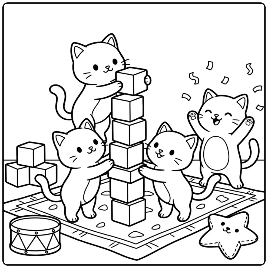 Playful Kittens with a Block Tower and Toys coloring page