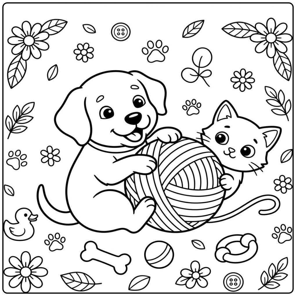 Playful Labrador and Kitten with a Big Ball Yarn coloring page