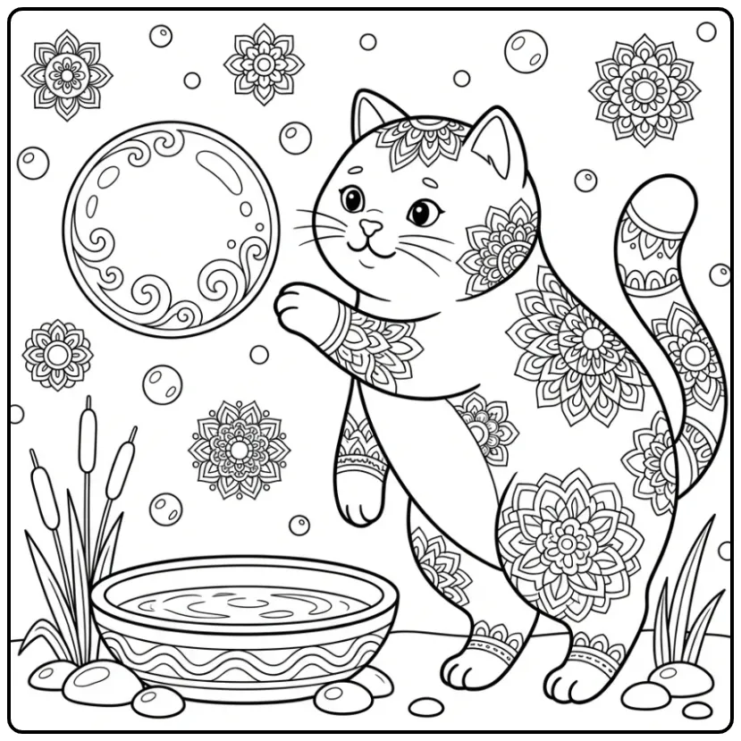 Mandala Cat coloring page playing with a bubble