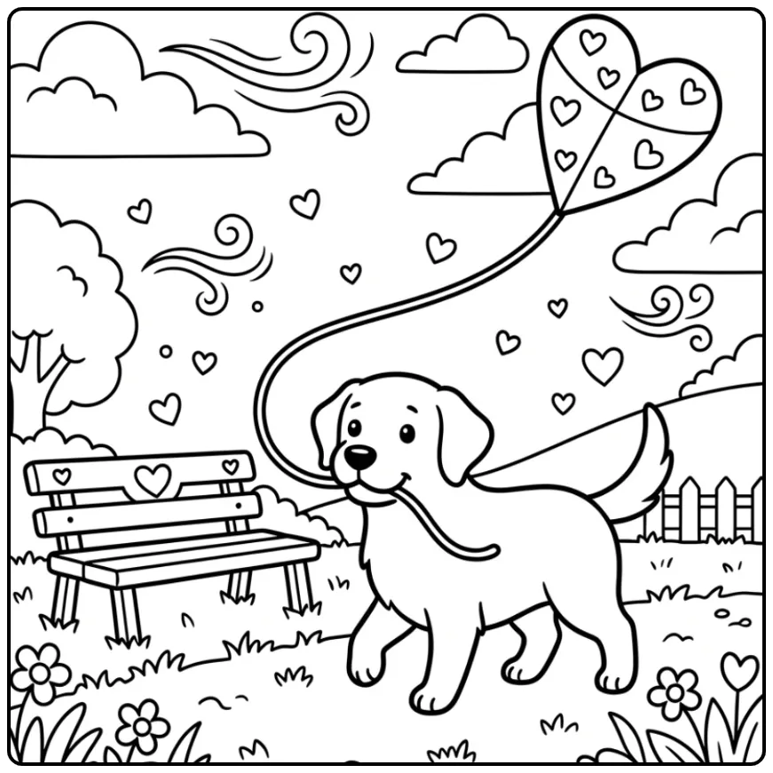 Labrador Flying a Heart-Shaped Kite coloring page