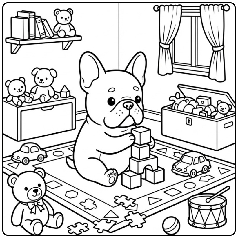 Playful Pup French Bulldog with Blocks and Toys coloring page