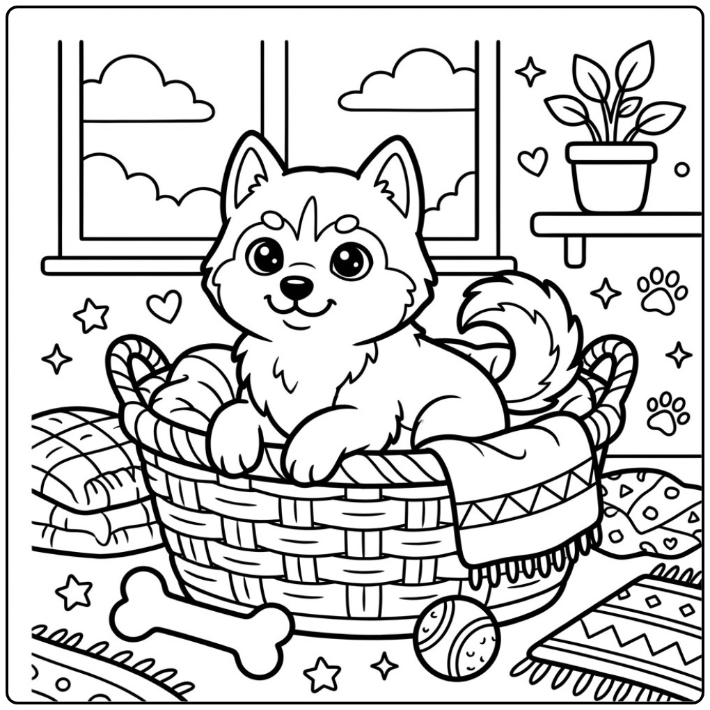 Playful Husky Puppy in a Cozy Basket coloring page