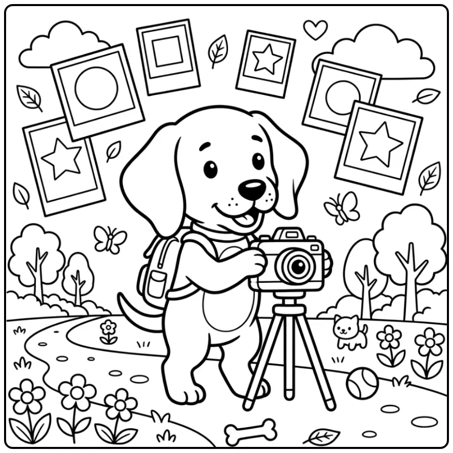 Playful Weimaraner Puppy Photographer with Camera coloring page