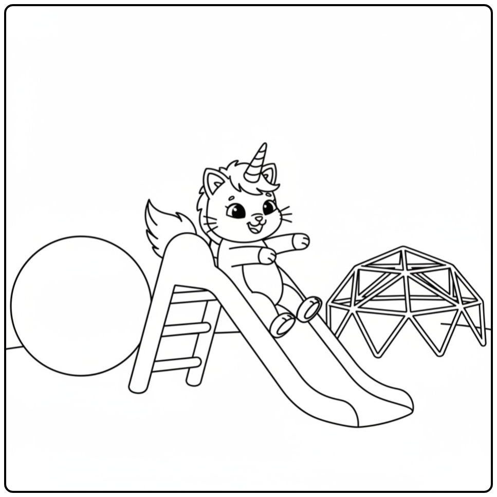 Playground Fun with a Unicorn Cat coloring page