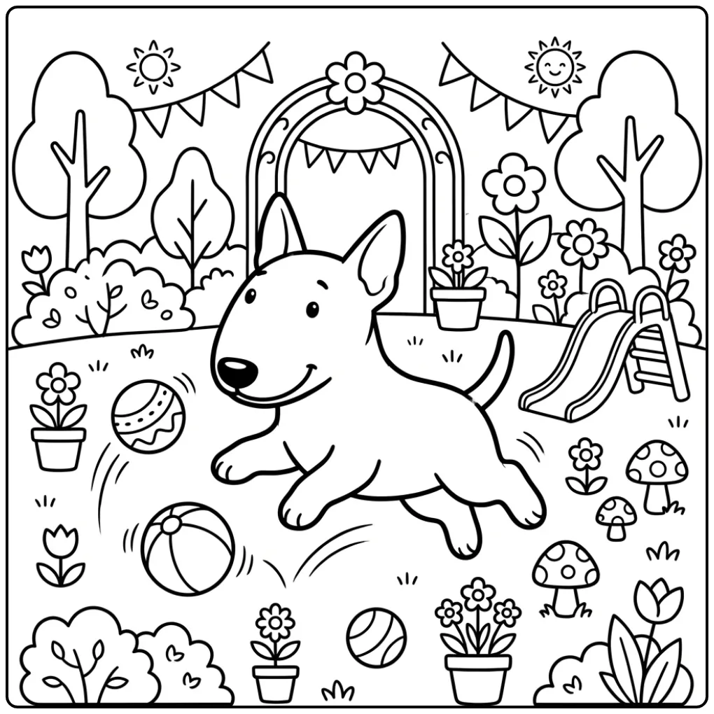 Playful Bull Terrier in the Park coloring page