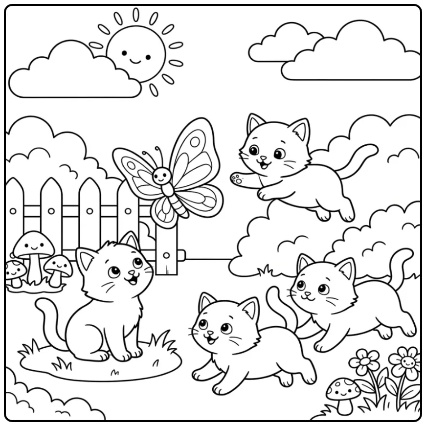 Easy Cats coloring page with kittens in a garden