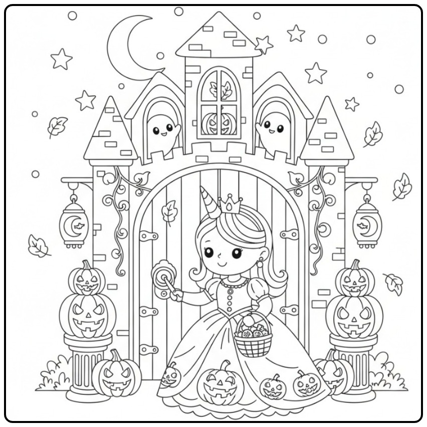 Spooky Castle Halloween Princess Unicorn coloring page
