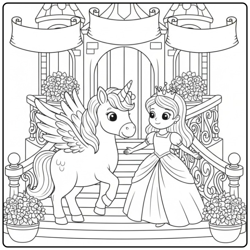 Sprookjes Unicorn with Wings and Princess coloring page