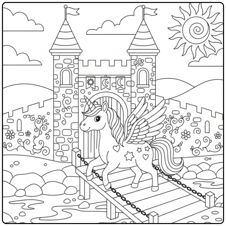 Fairy-tale Unicorn with Wings and Castle coloring page