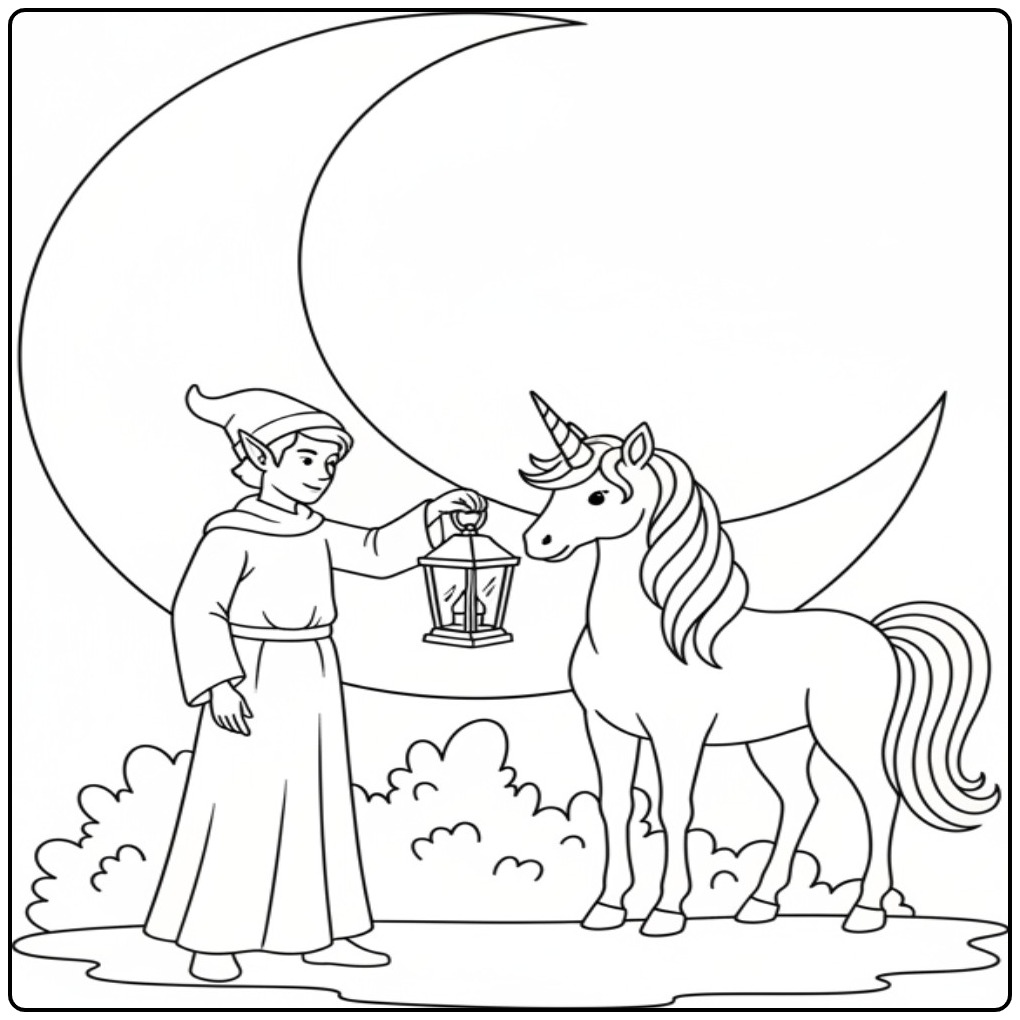 Fairy-tale Fairy and Unicorn with the Moon coloring page