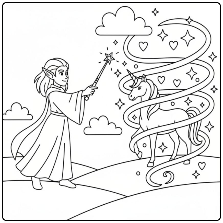 Fairy-tale Fairy and Unicorn coloring page