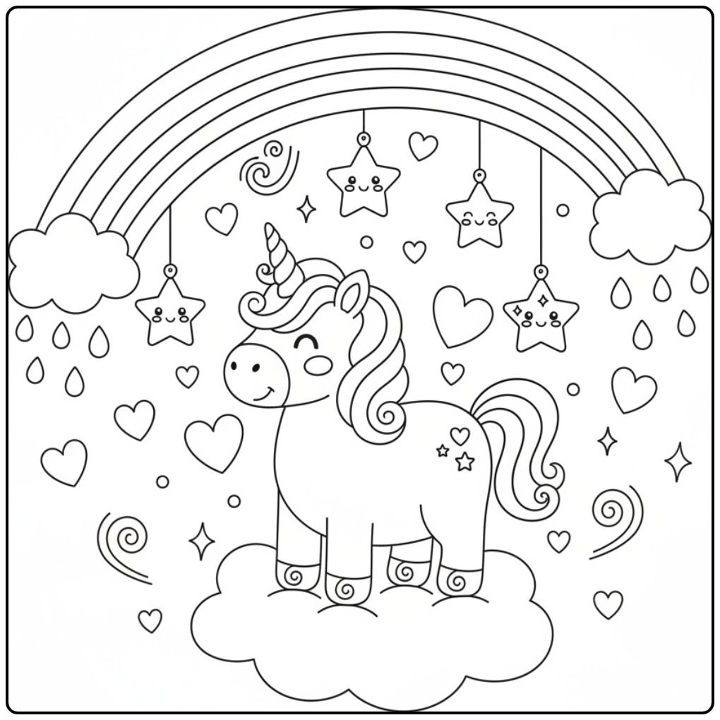 Fairy-tale Unicorn Rainbow with Happy Stars coloring page