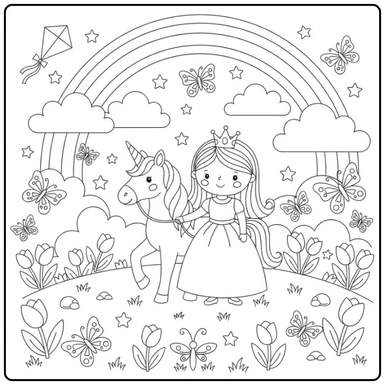 Fairy-tale Rainbow Princess Unicorn coloring page