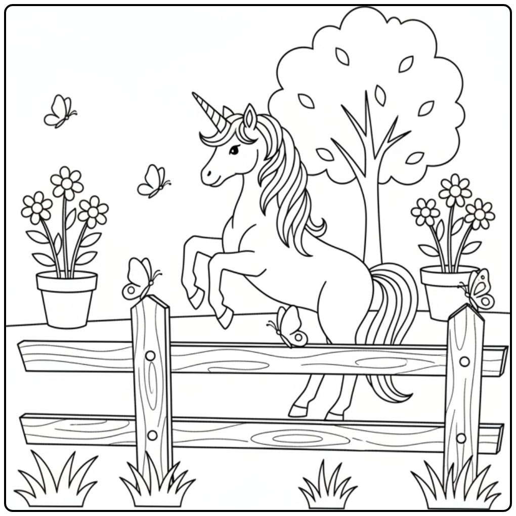 Fairy-tale Butterflies Unicorn with Flowers and Tree coloring page