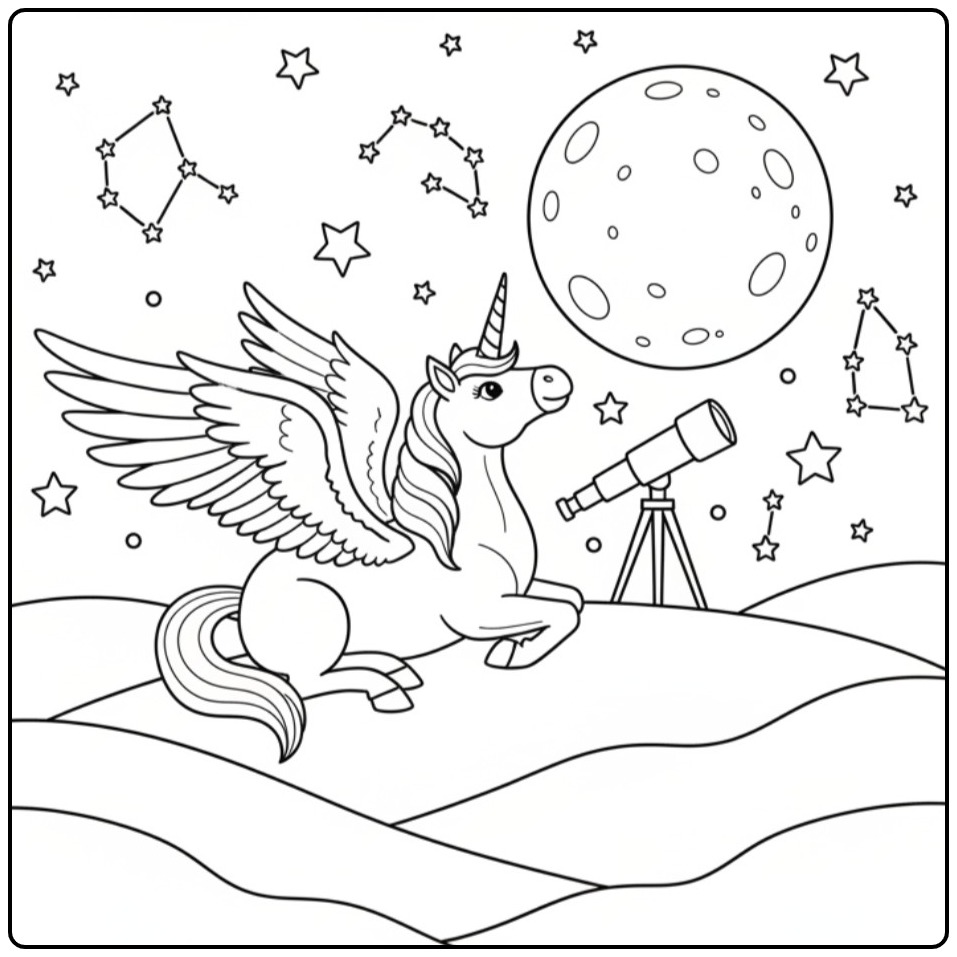 Stars Watching Unicorn with Wings coloring page