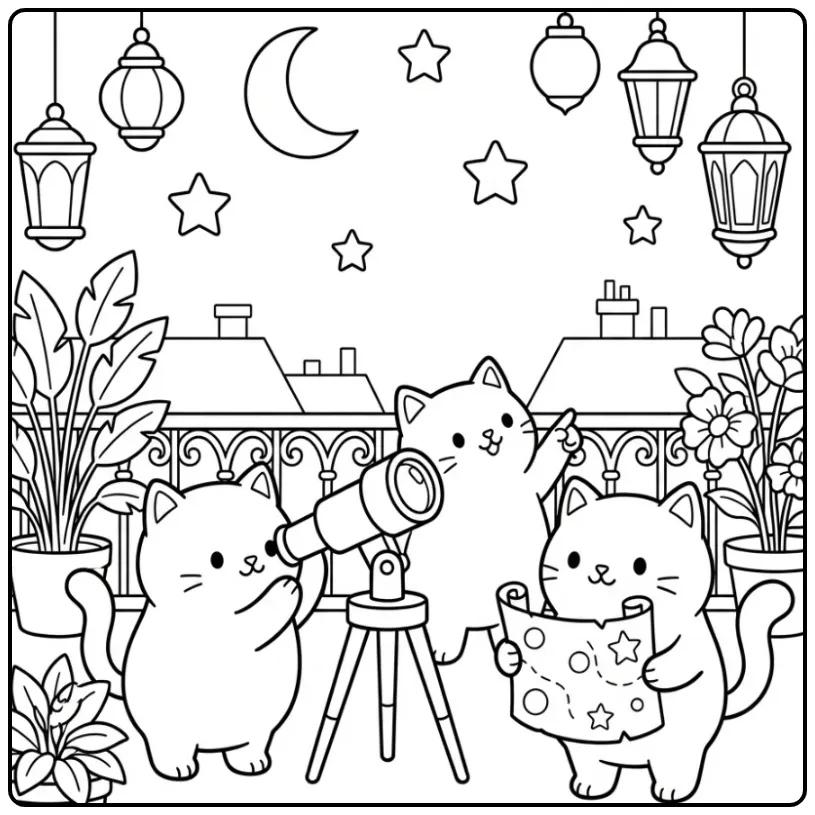 Cute Kittens Stargazing on the Balcony coloring page