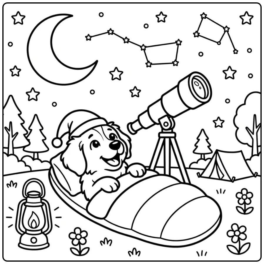 Frisian Stabyhoun coloring page under the stars in a sleeping bag
