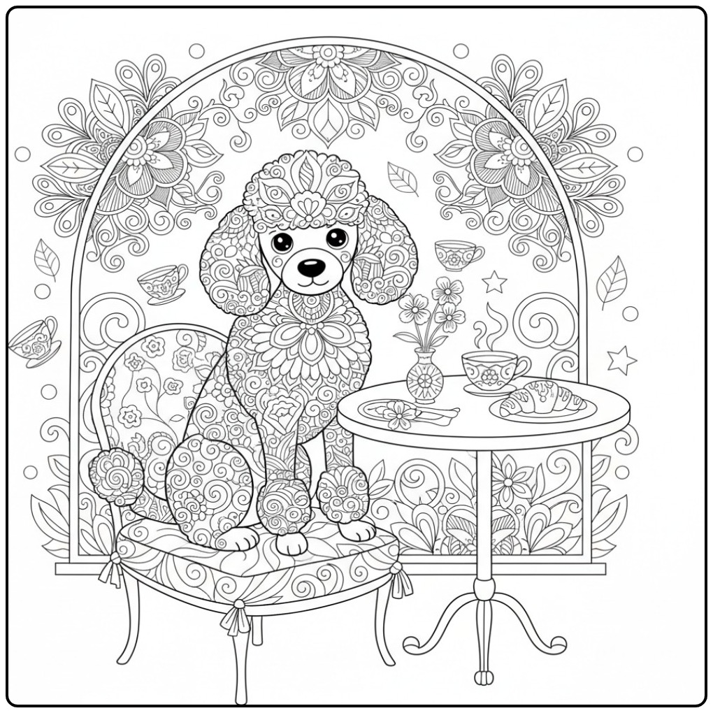 Poodle Mandala Dog in a Paris Cafe coloring page