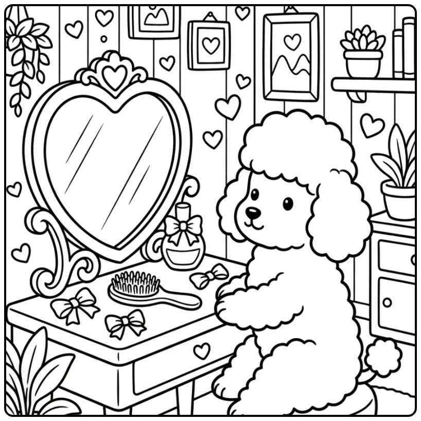 Poodle Getting Ready at a Vanity with Hearts coloring page