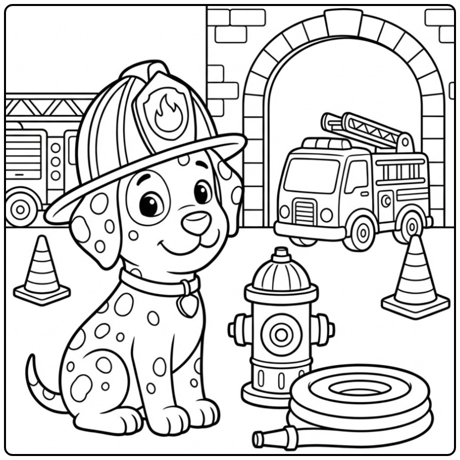 Tough Firefighter Dog Dalmatian with a Fire Truck coloring page