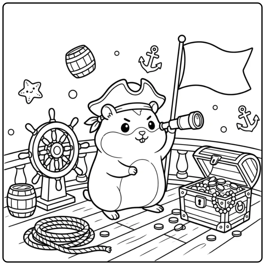 Hamster coloring page pirate with binoculars and treasure
