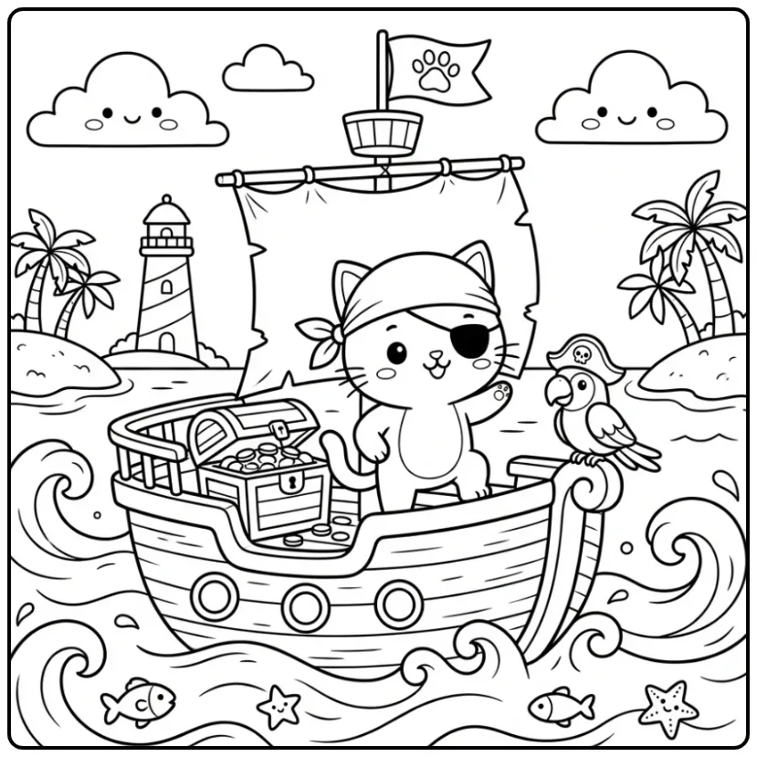 Tough Kitten on a Pirate Ship at Sea coloring page