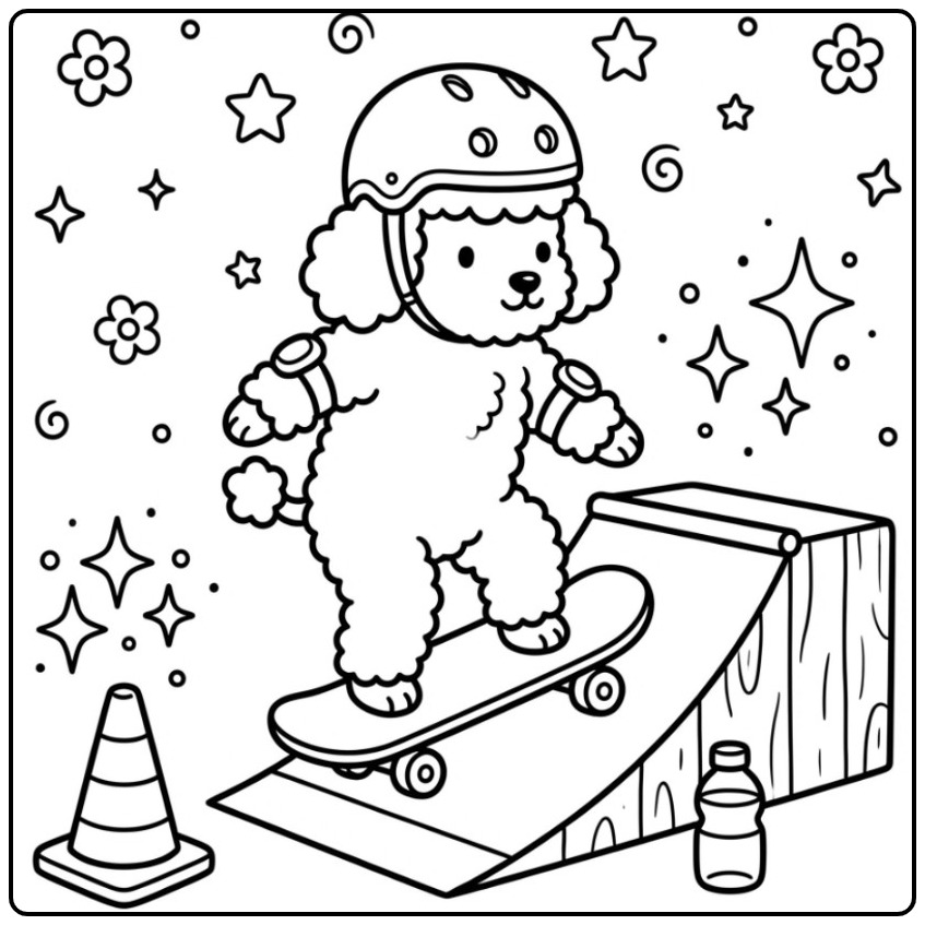 Tough Skateboarder Poodle with Helmet and Ramp coloring page