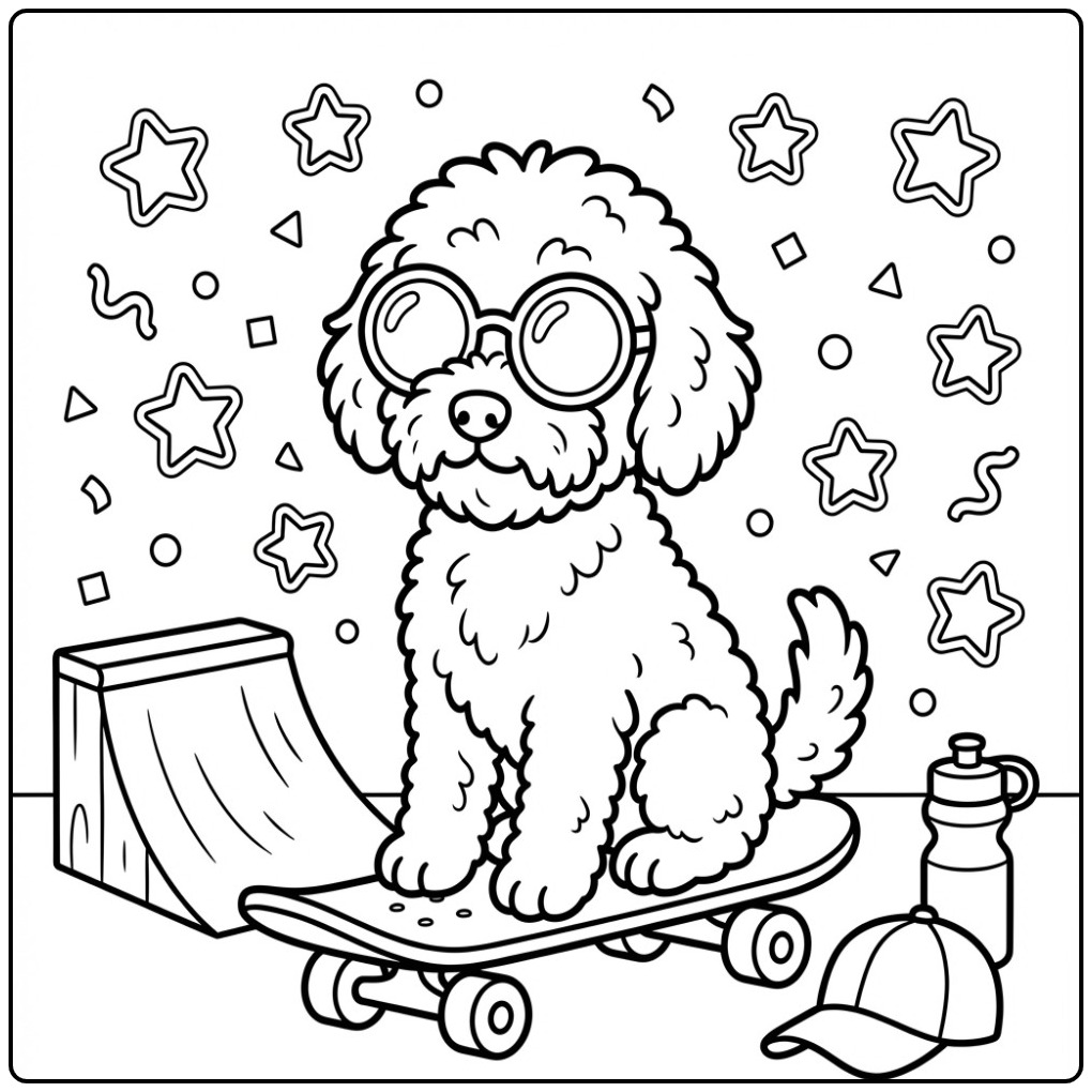 Labradoodle Skater with Sunglasses coloring page