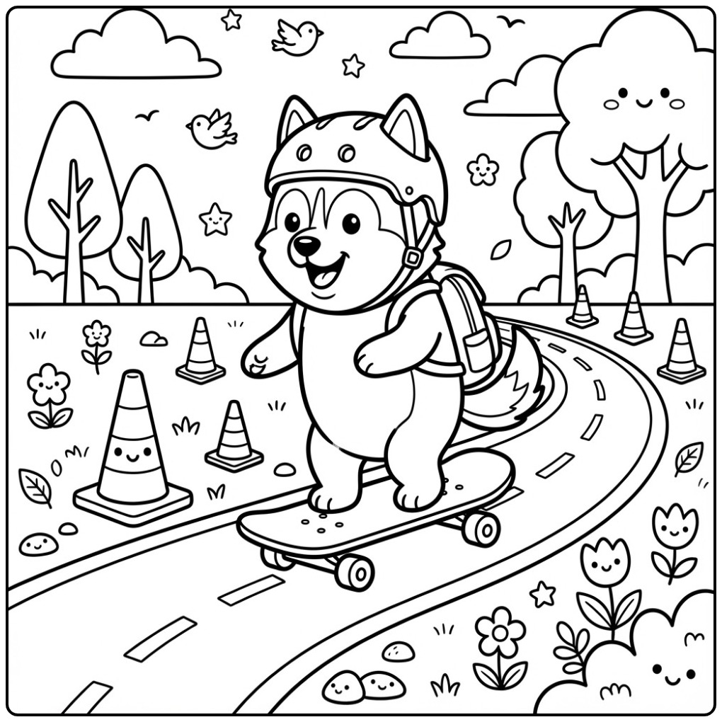 Skater Husky with a Helmet coloring page