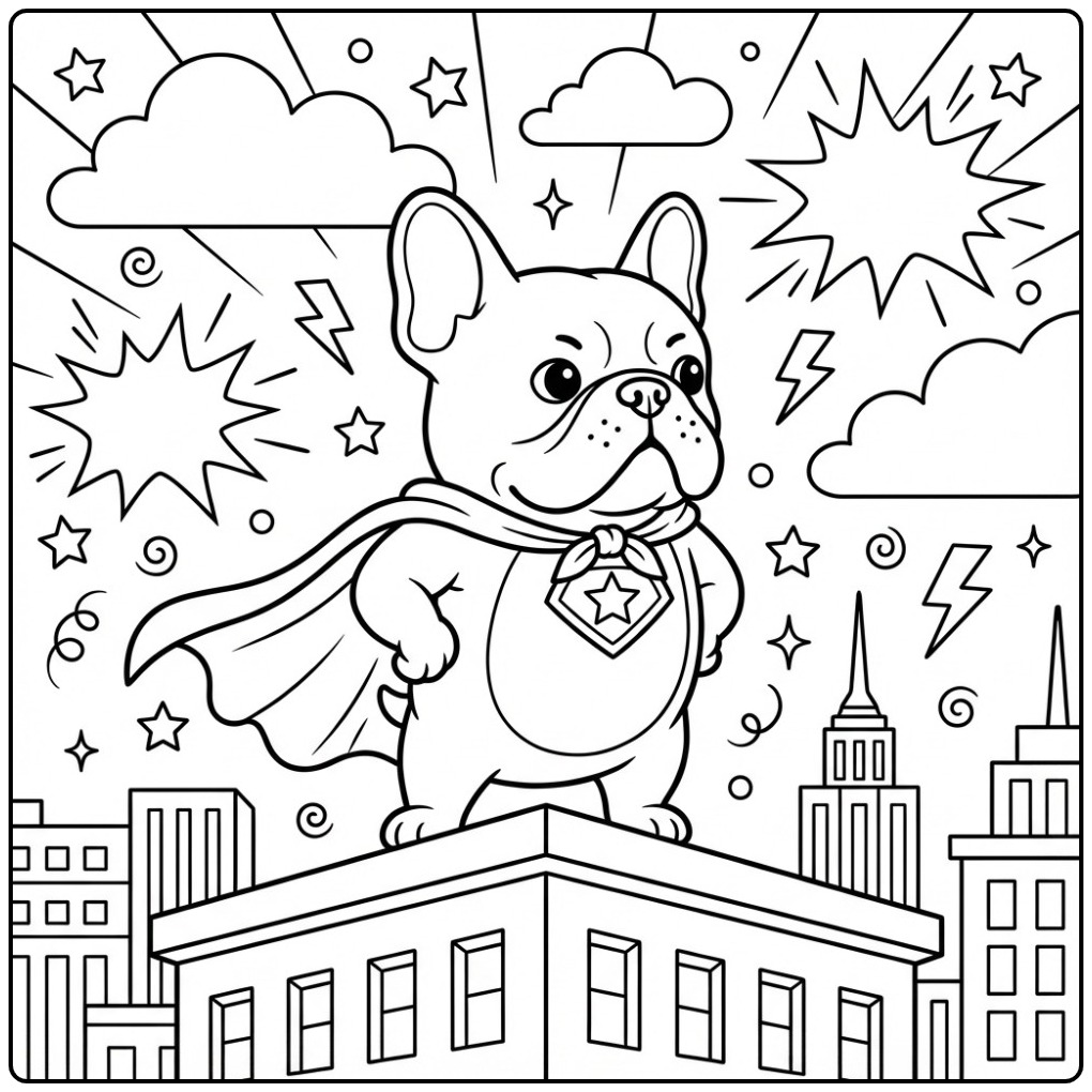 Tough Superhero French Bulldog with a Cape coloring page
