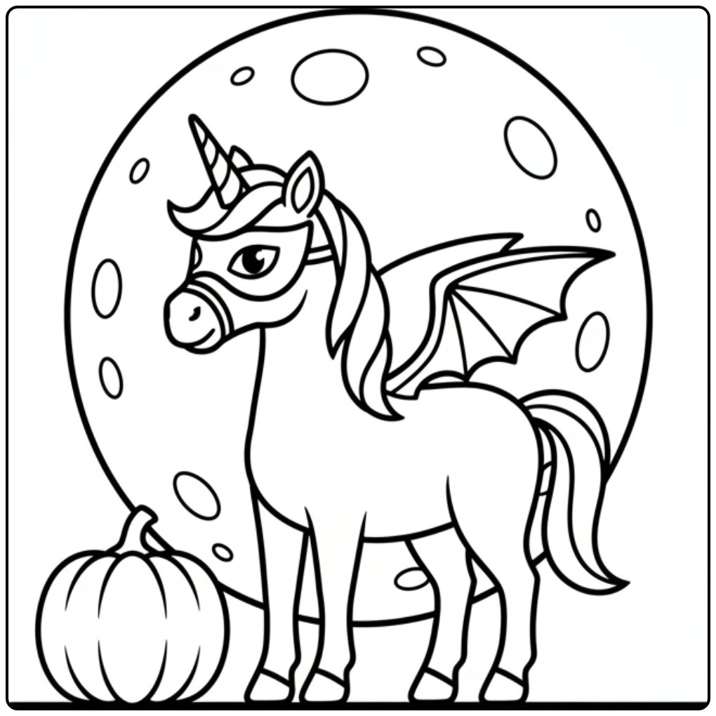 Tough Unicorn Halloween Mask and Wings coloring page