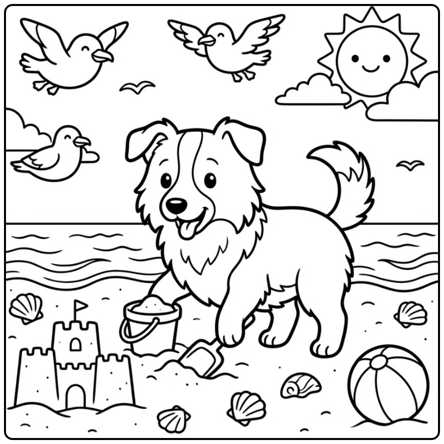 Border Collie Building a Sandcastle coloring page