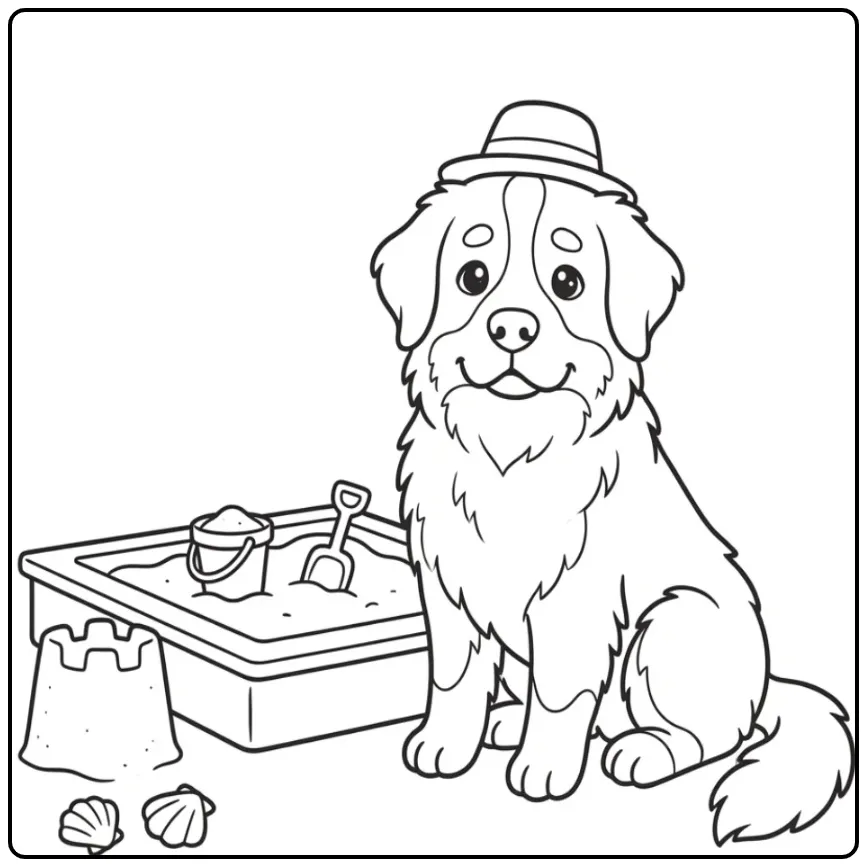 Bernese Mountain Dog Lifeguard by a Sandcastle coloring page