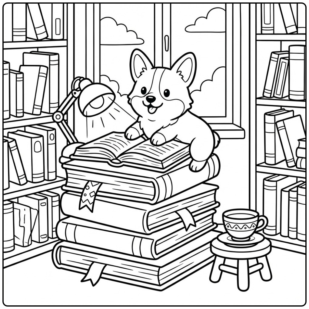 Corgi Reading in a Library coloring page