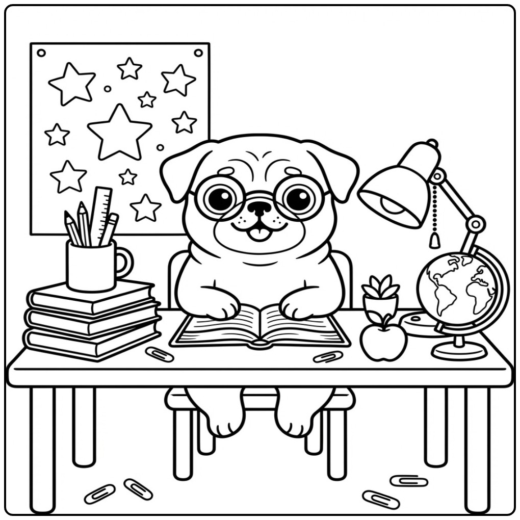 Studying Pup at Desk a Fun Pug coloring page