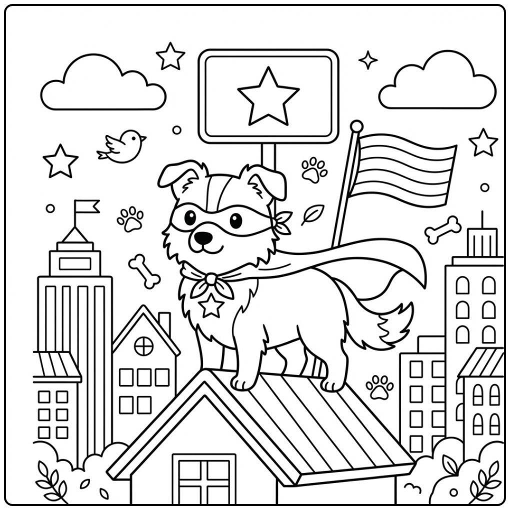 Border Collie Superhero Watching Over the City coloring page