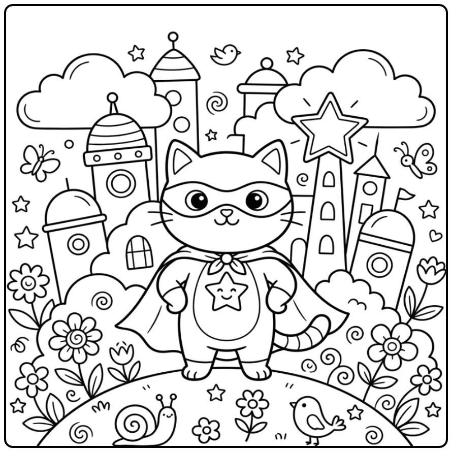 Easy Cat coloring page superhero with cape