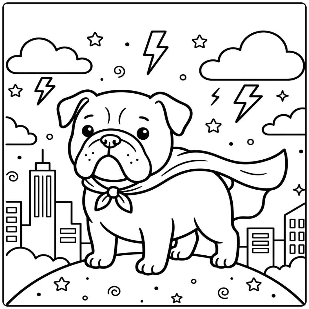 Superhero Cute Puppy with City Background coloring page