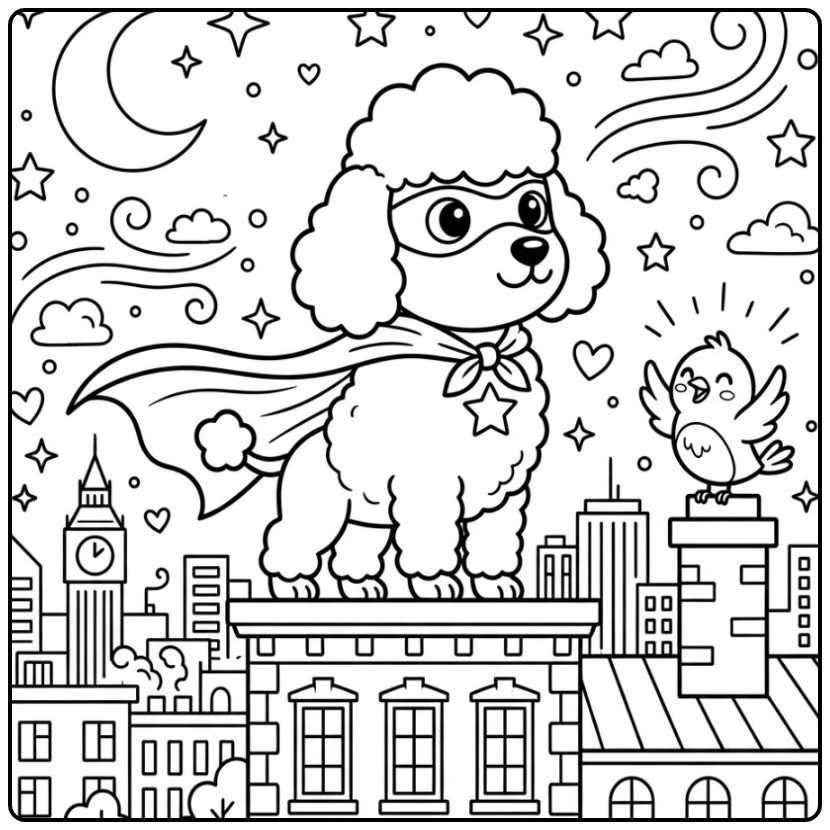 Superheroes Adventure with a Poodle coloring page