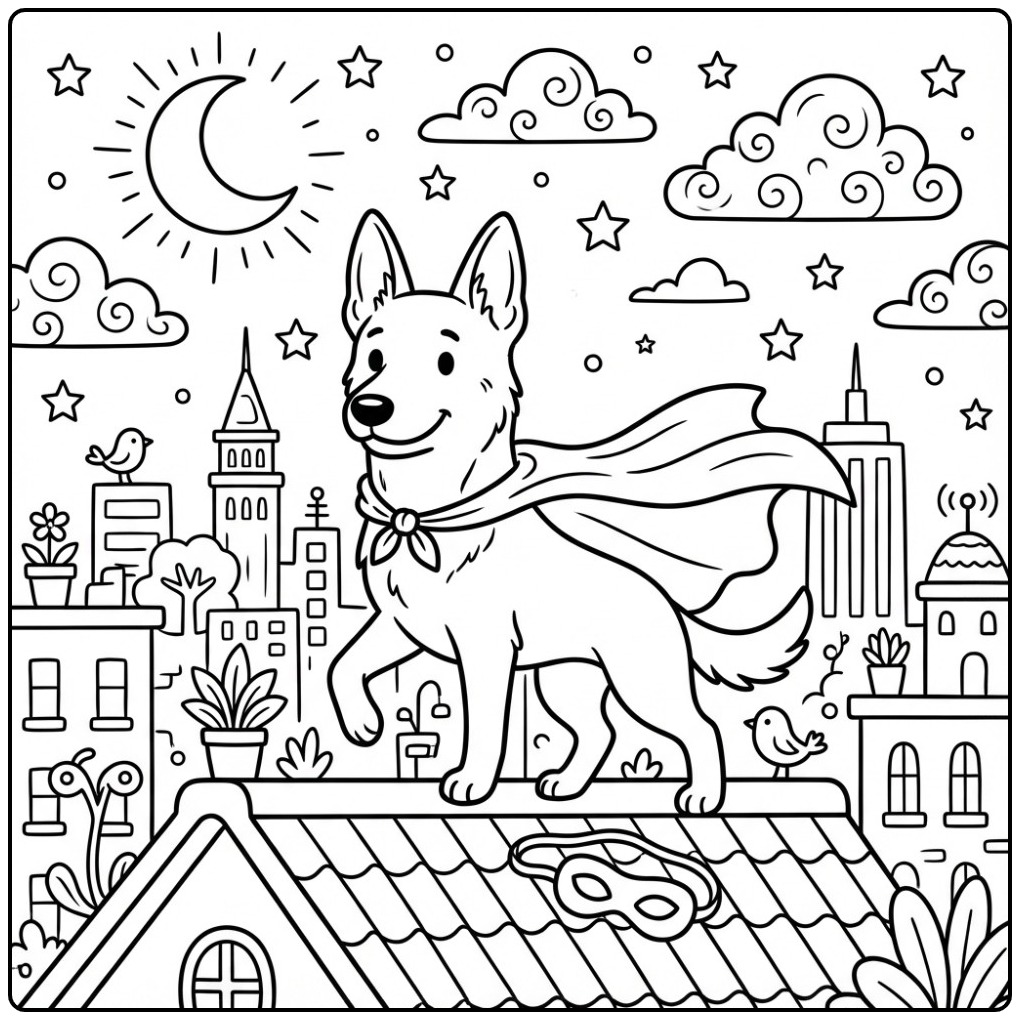 Belgian Malinois Superhero on a City Rooftop coloring page