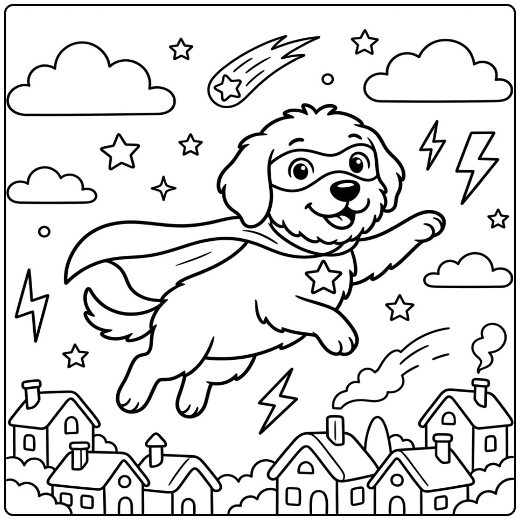 Superhero Labradoodle Flying Over the City coloring page