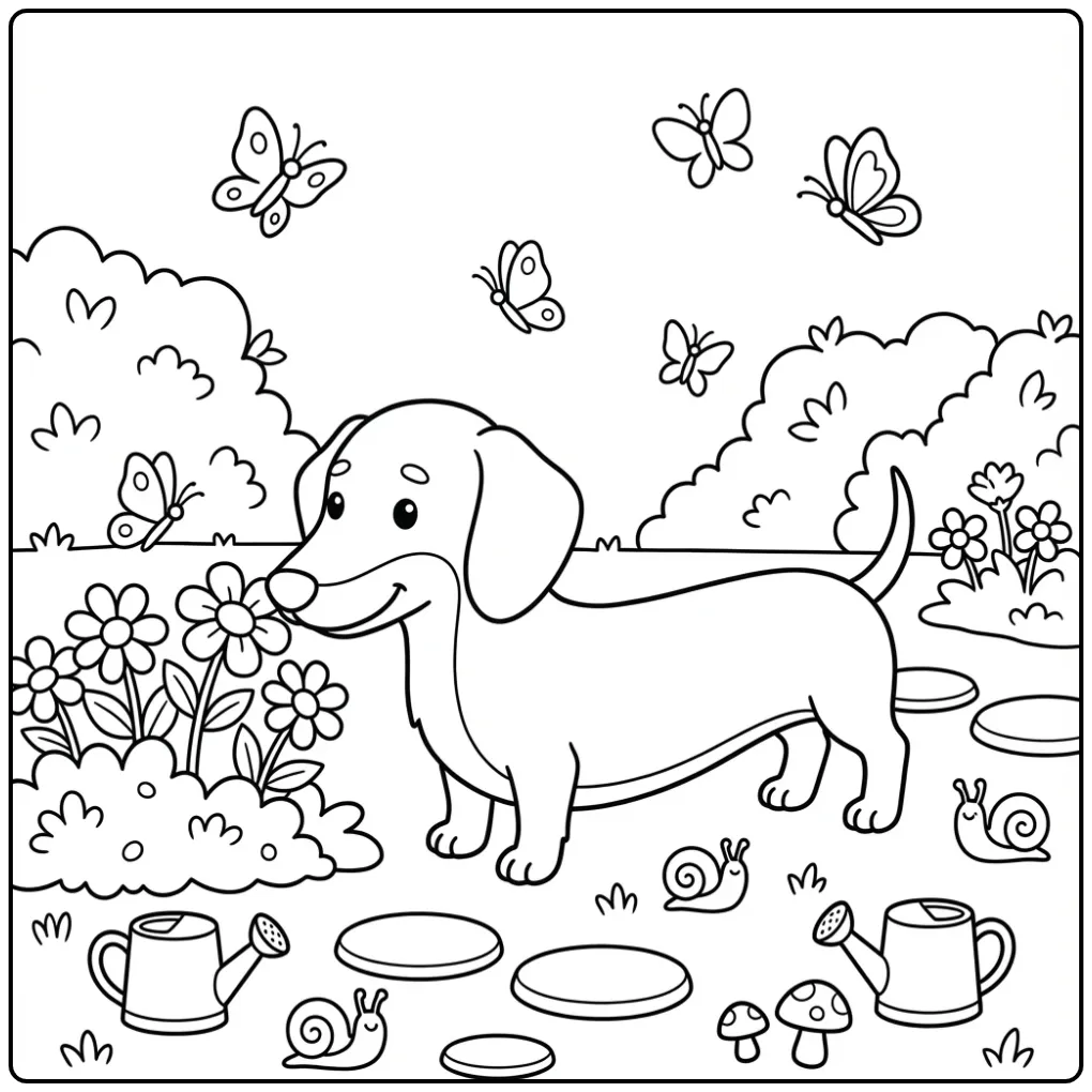 Dachshund Among Flowers coloring page