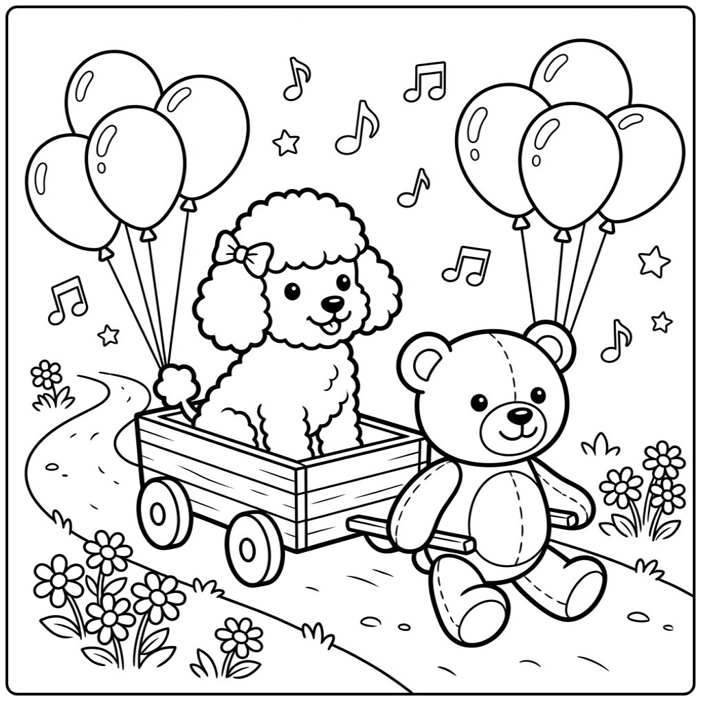 Teddy Bear and Poodle Parade with Cheerful Music coloring page