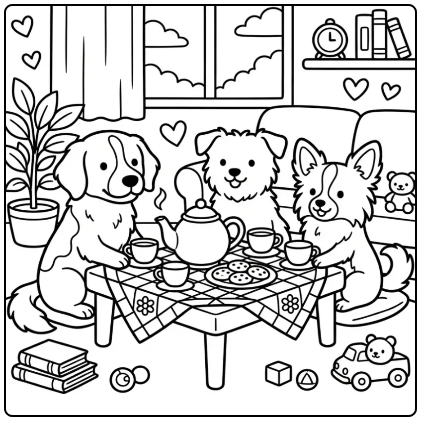Dog Friends Having a Tea Party coloring page