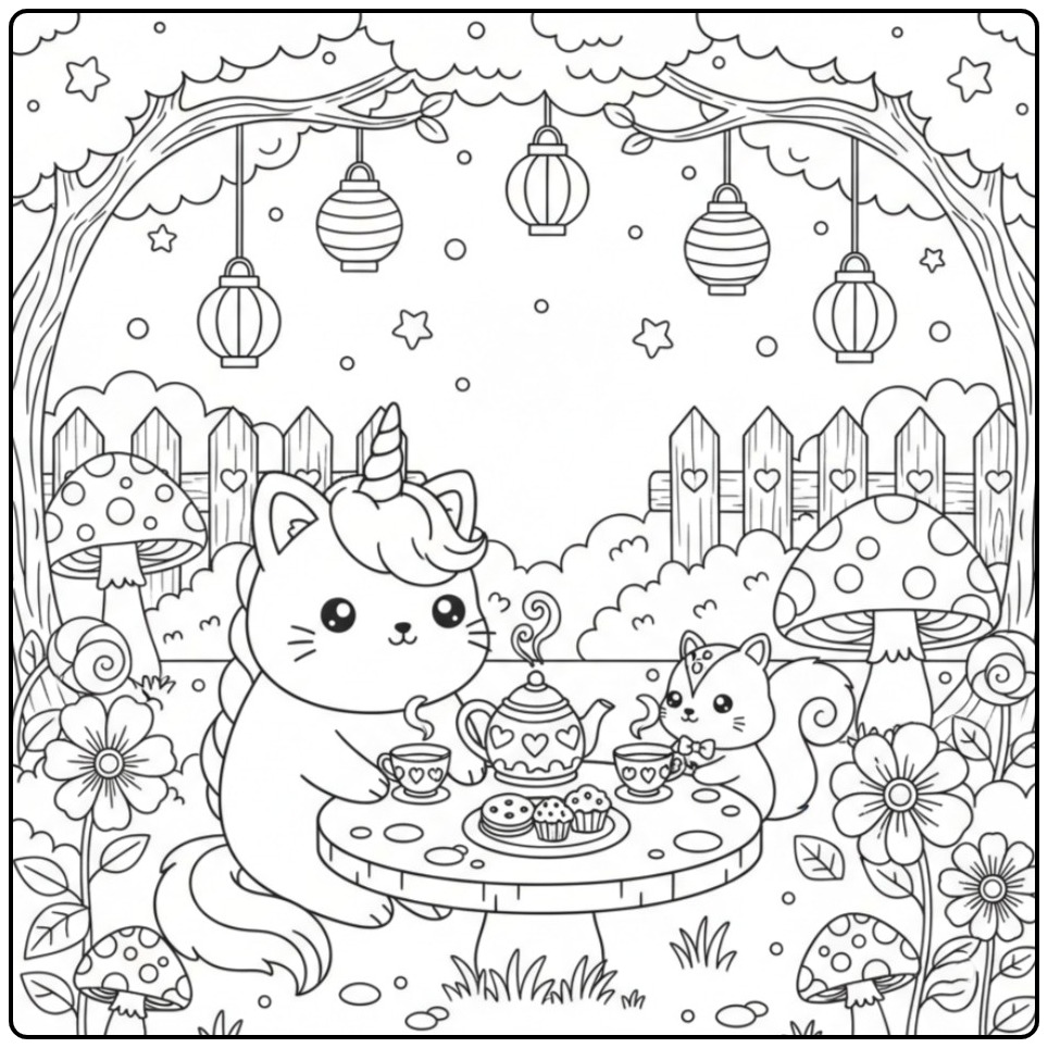 Tea Party in the Garden Kawaii Unicorn Cat coloring page