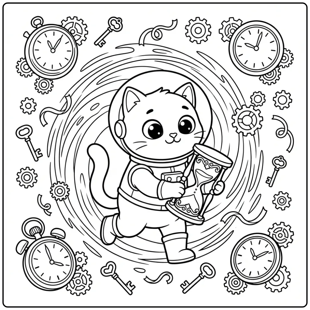 Difficult Cat coloring page with time traveler and clocks