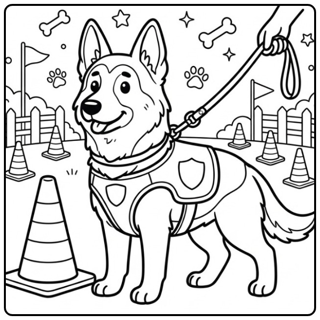 Trainingsdag with a German Shepherd and Cones coloring page